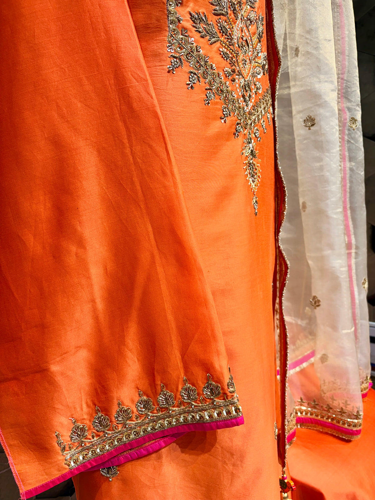 Pure Chanderi Orange & Fuchsia Festive Grandeur