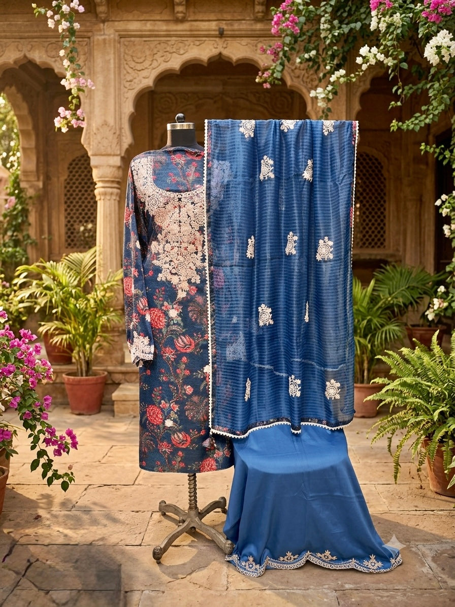 Luxurious linen satin suit set with dori embroidery