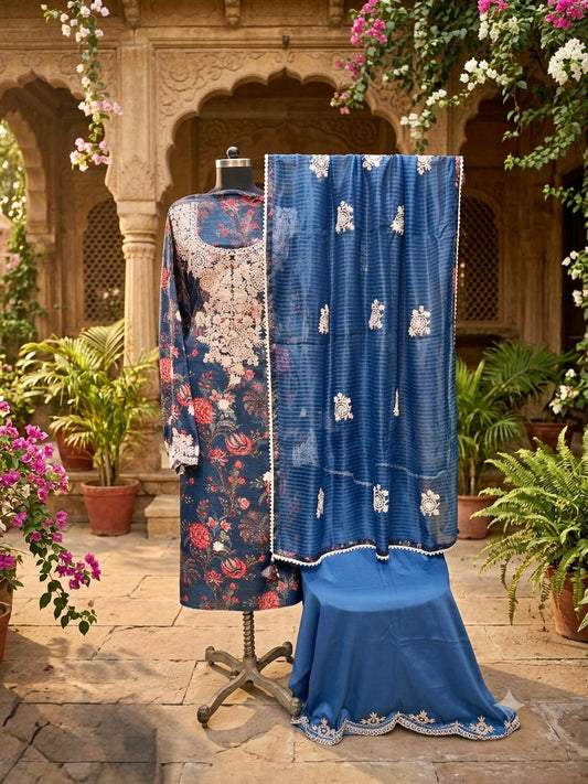 Luxurious linen satin suit set with dori embroidery