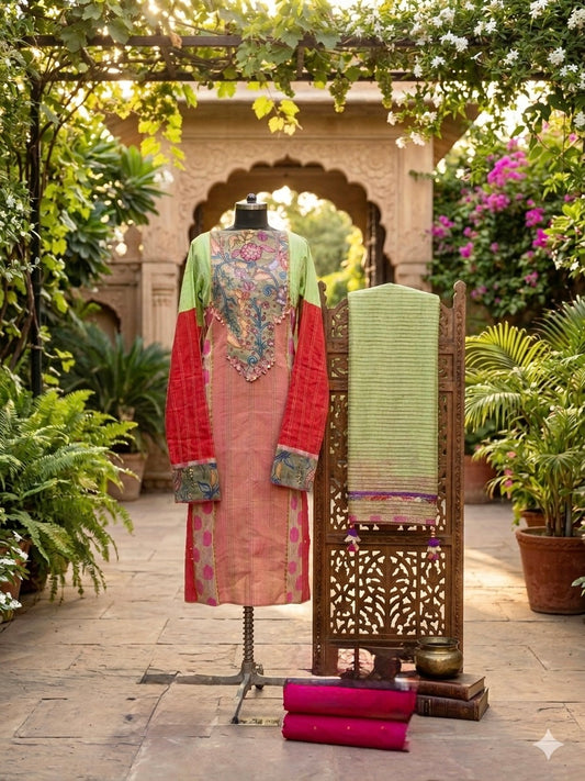 Pure Mangalagiri Cotton & Hand-Painted Kalamkari Suit Set