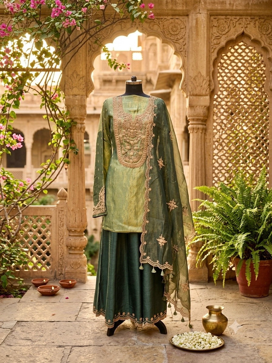 Festive elegance and timeless luxury in Emerald Green Tissue Sharara set