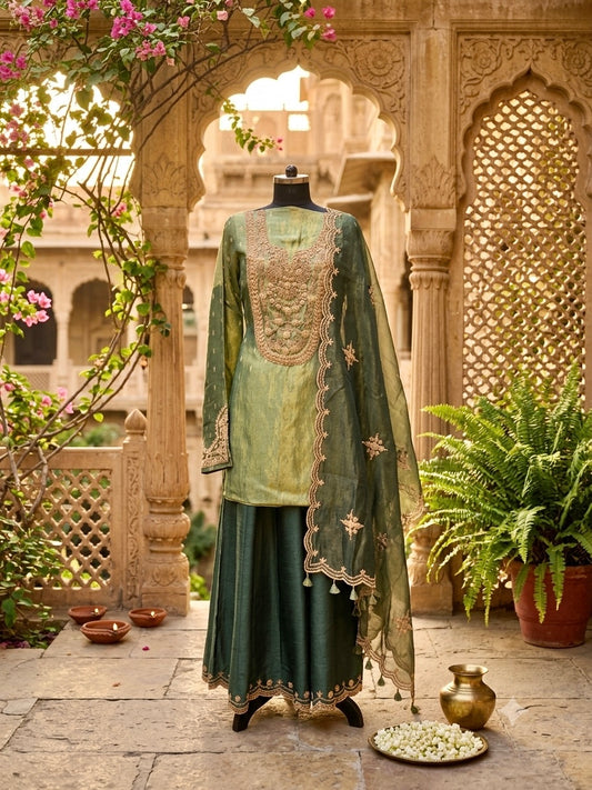 Festive elegance and timeless luxury in Emerald Green Tissue Sharara set