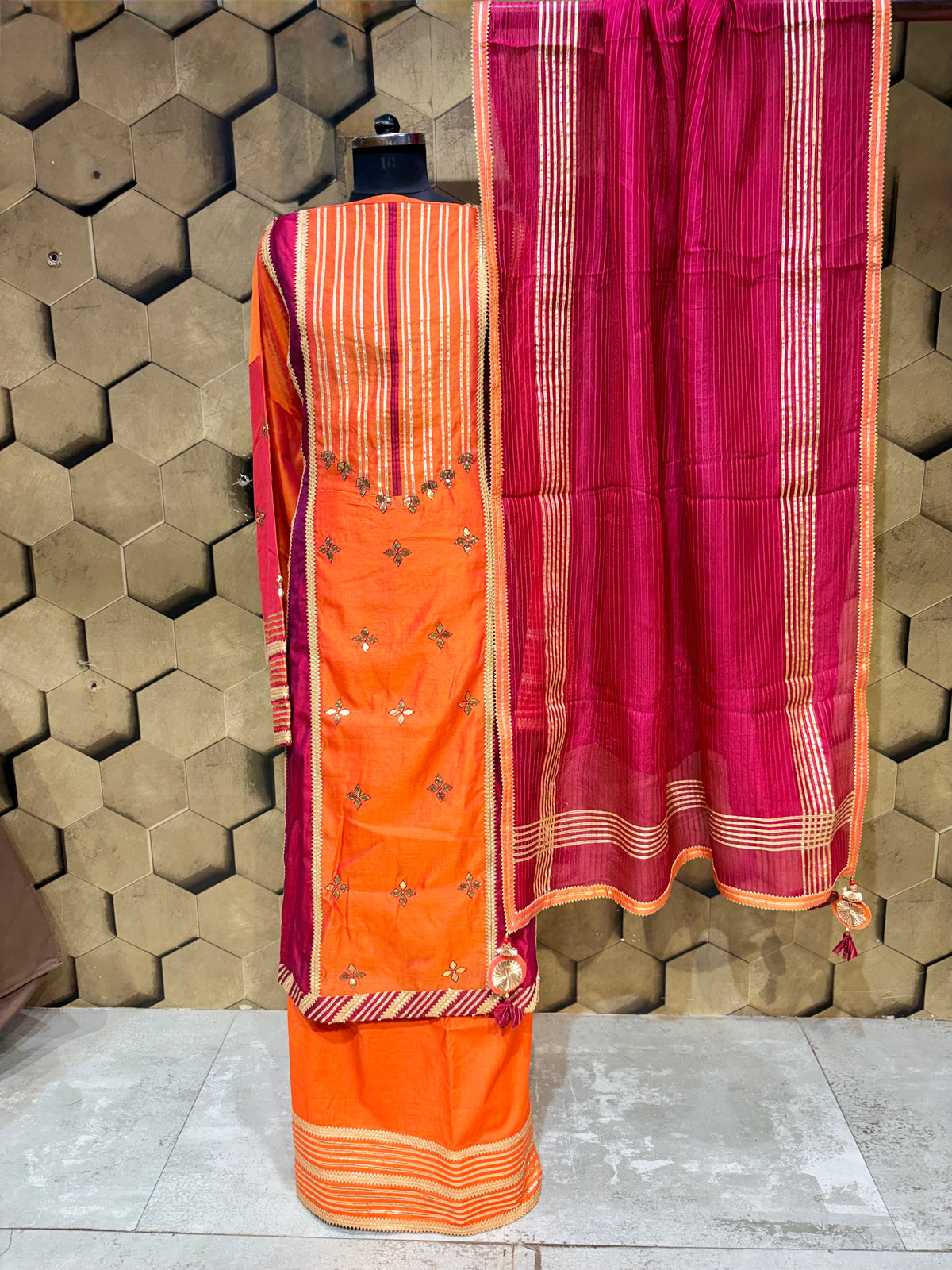 Beautiful Chanderi Salwar suit in a stunning combination of orange & wine