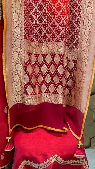 Vegan silk embroidery outfit with Banarasi bandhini dupatta