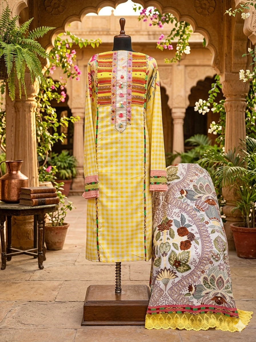 Beautiful pure cotton co-ord set in vibrant yellow and white checks