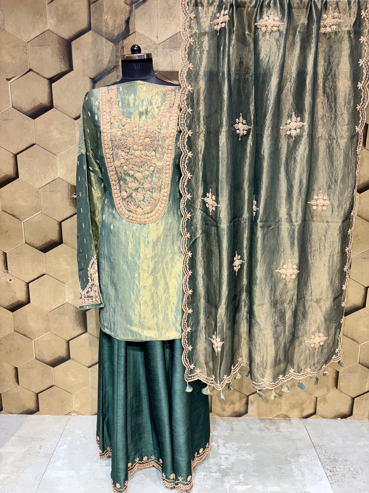 Festive elegance and timeless luxury in Emerald Green Tissue Sharara set