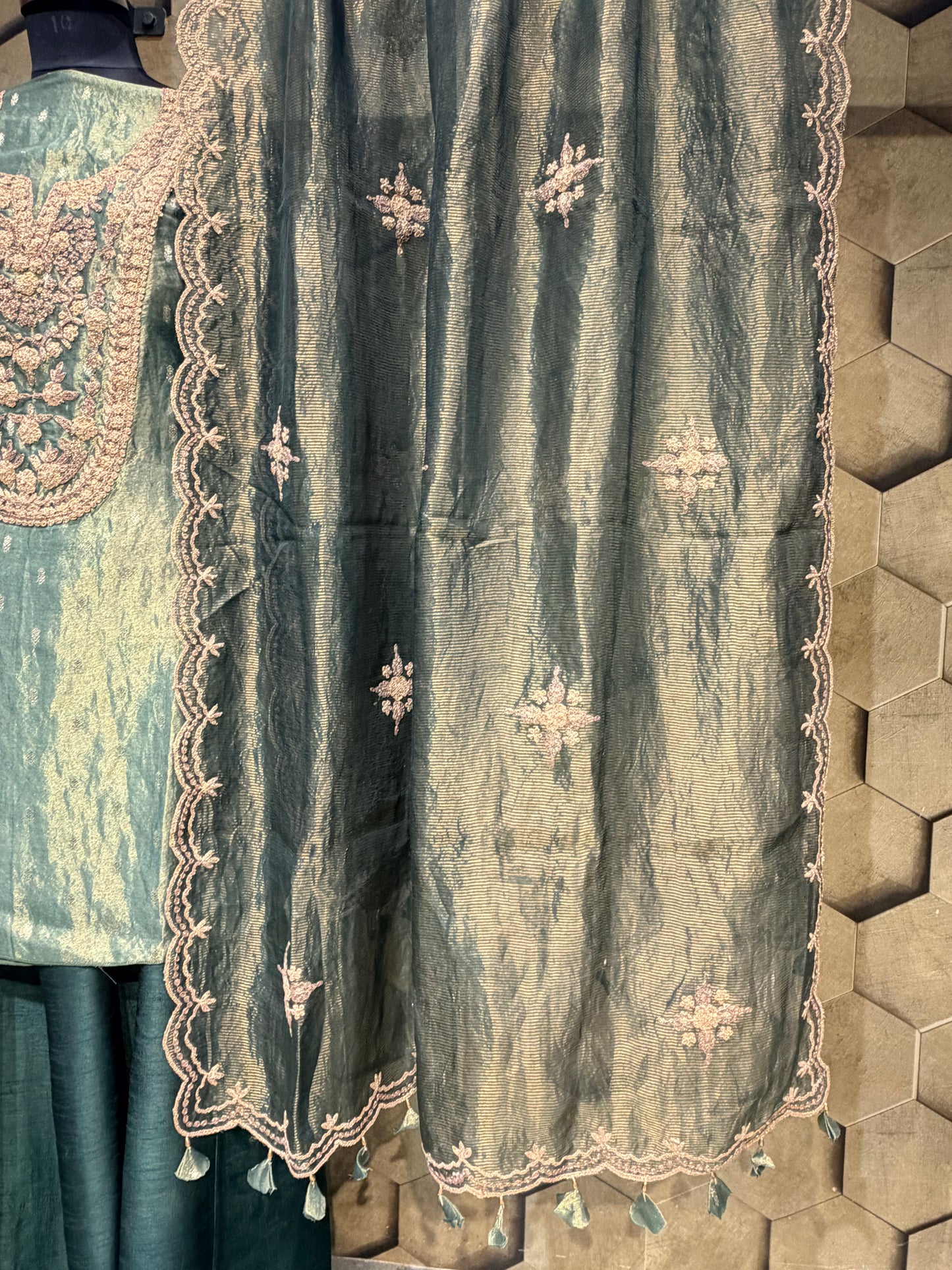 Festive elegance and timeless luxury in Emerald Green Tissue Sharara set