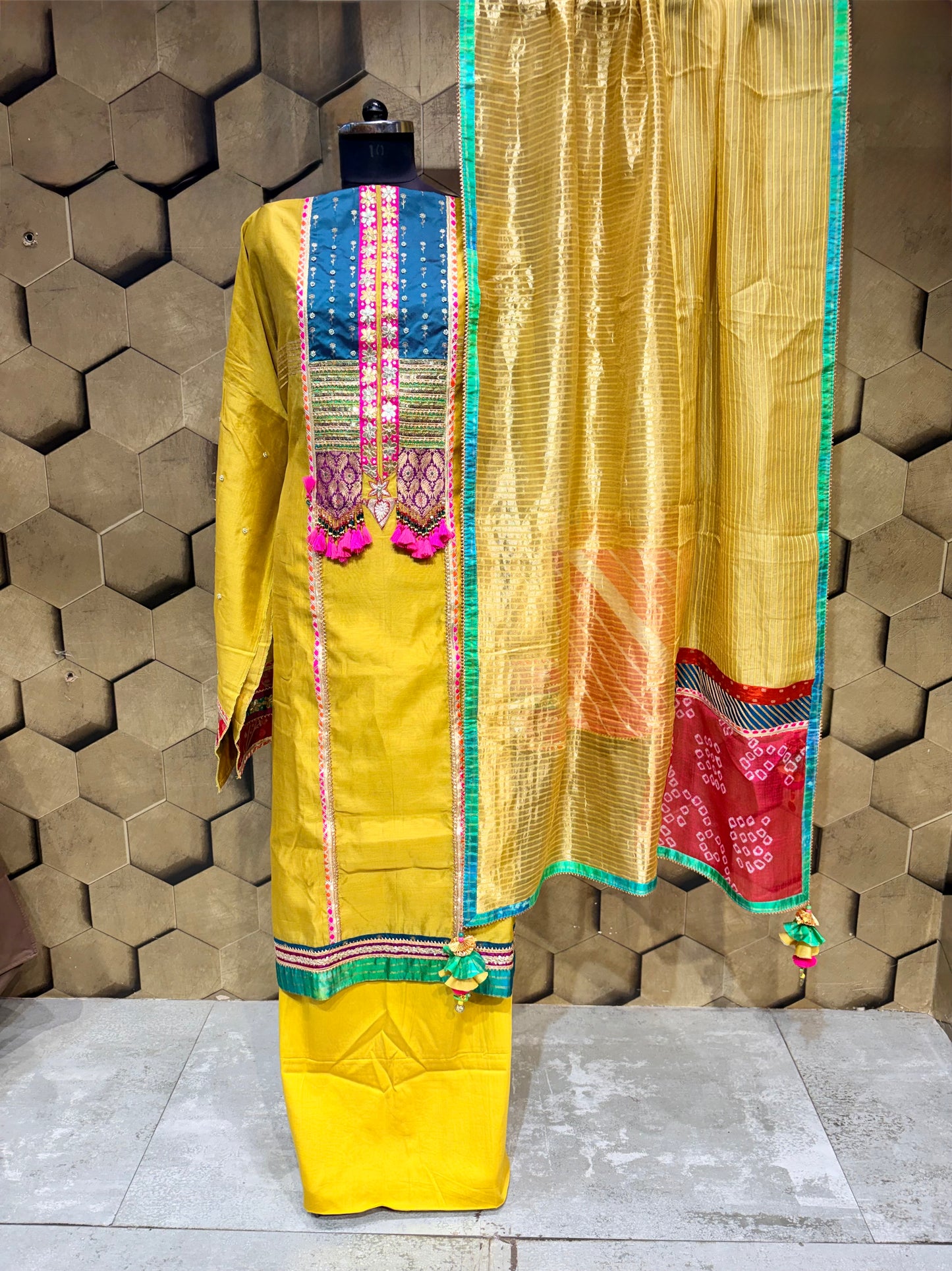 Vibrant bright mustard suit set in elegant Chanderi
