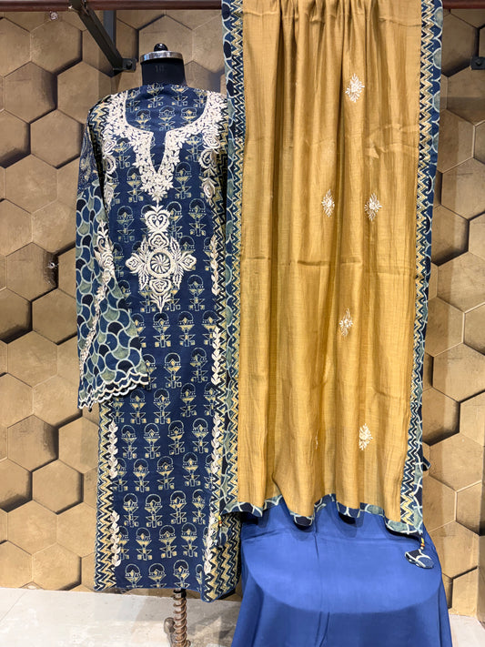 Ajrakh Cotton Suit Set with Resham Embroidery