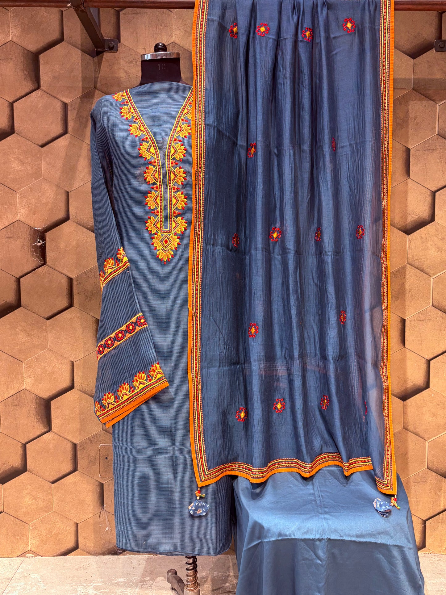 Striped Chanderi Suit Set with Resham Embroidery