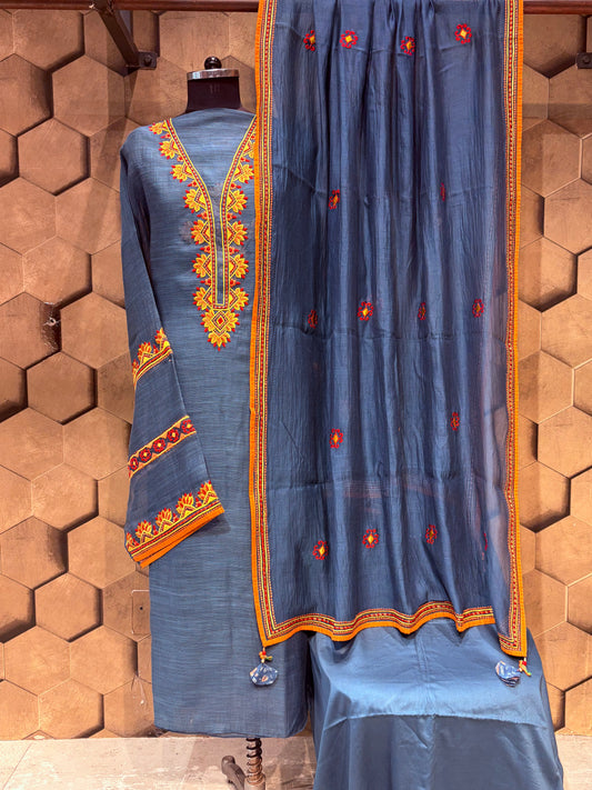 Striped Chanderi Suit Set with Resham Embroidery