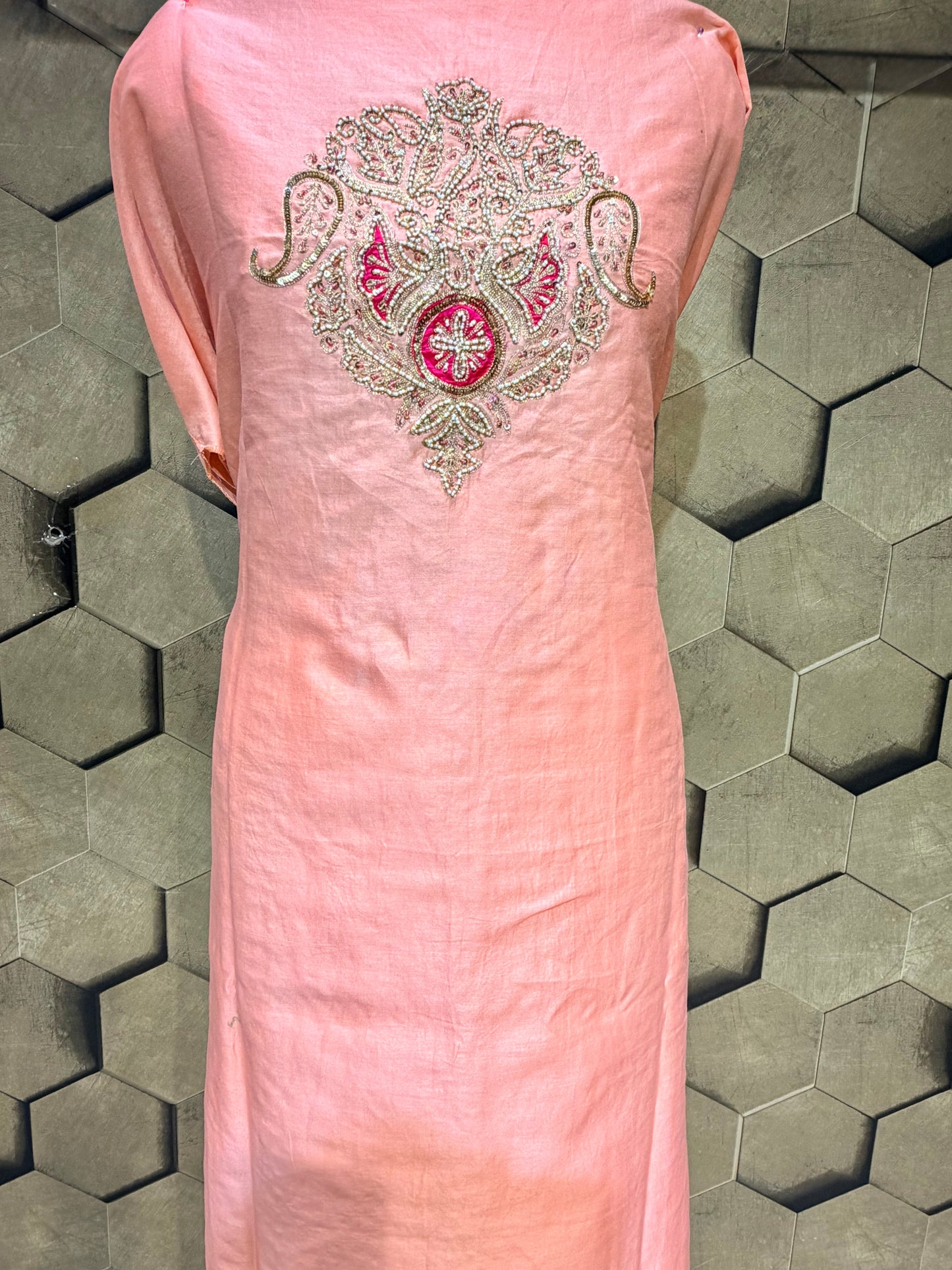 Chanderi ensemble in a soft, sophisticated peach hue with Zari embroidery