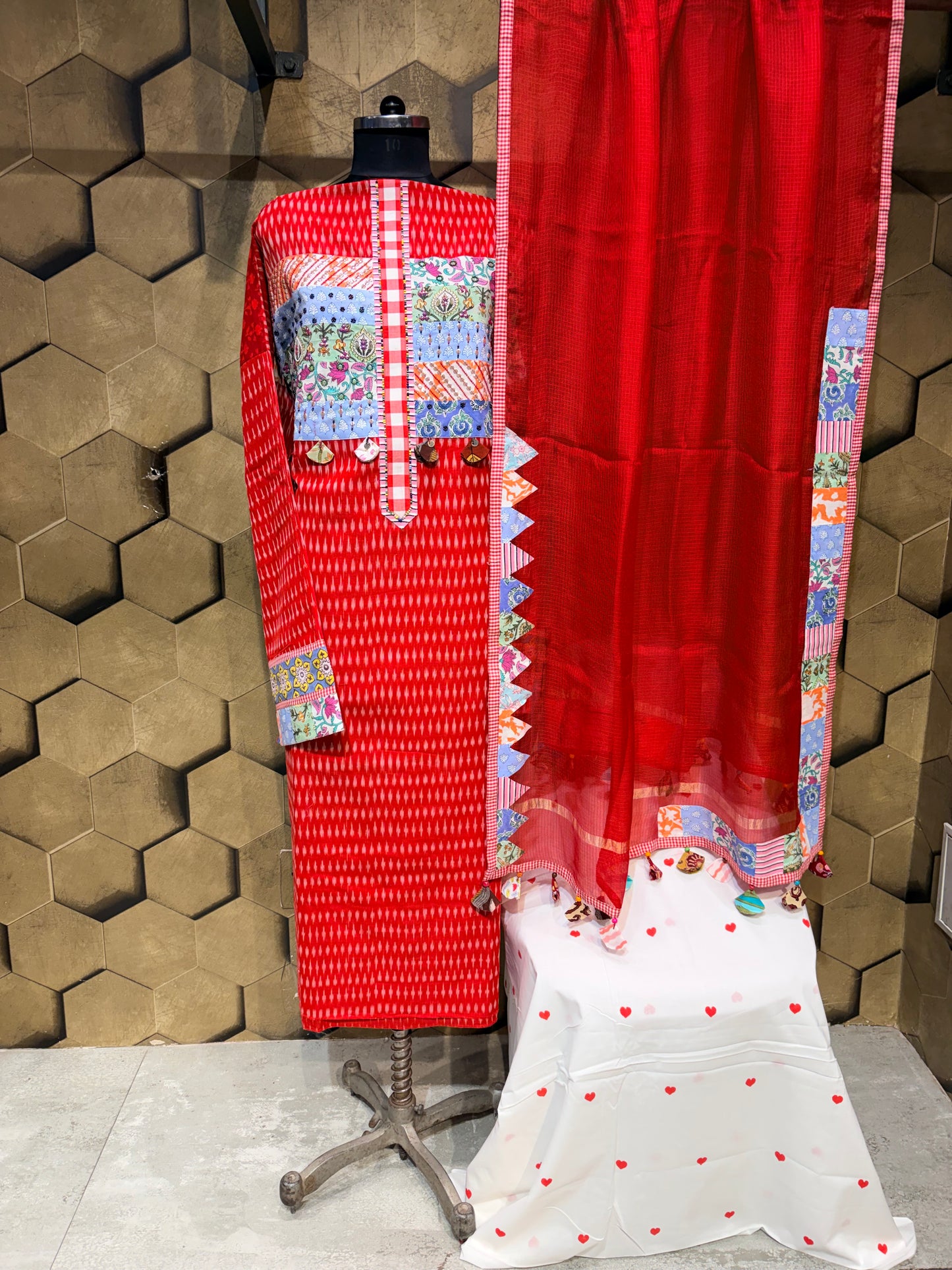 Pure cotton vibrant red ikat suit set