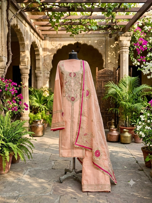 Chanderi ensemble in a soft, sophisticated peach hue with Zari embroidery