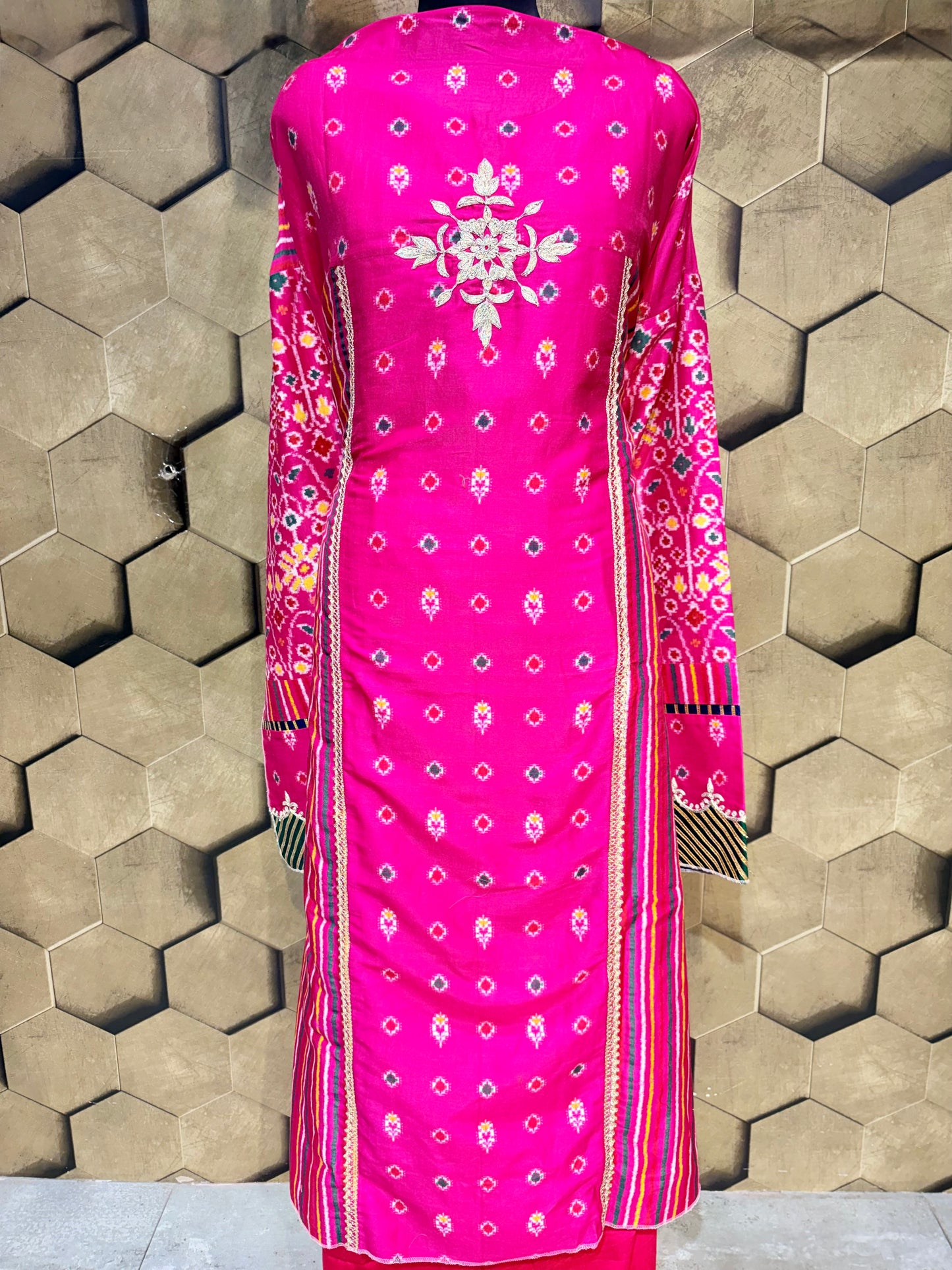 Vibrant and beautiful Pure Chanderi suit set in bright fuchsia Patola print