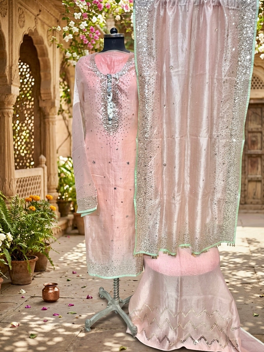Elegant soft peach tissue with zari and intricate sequins embroidery