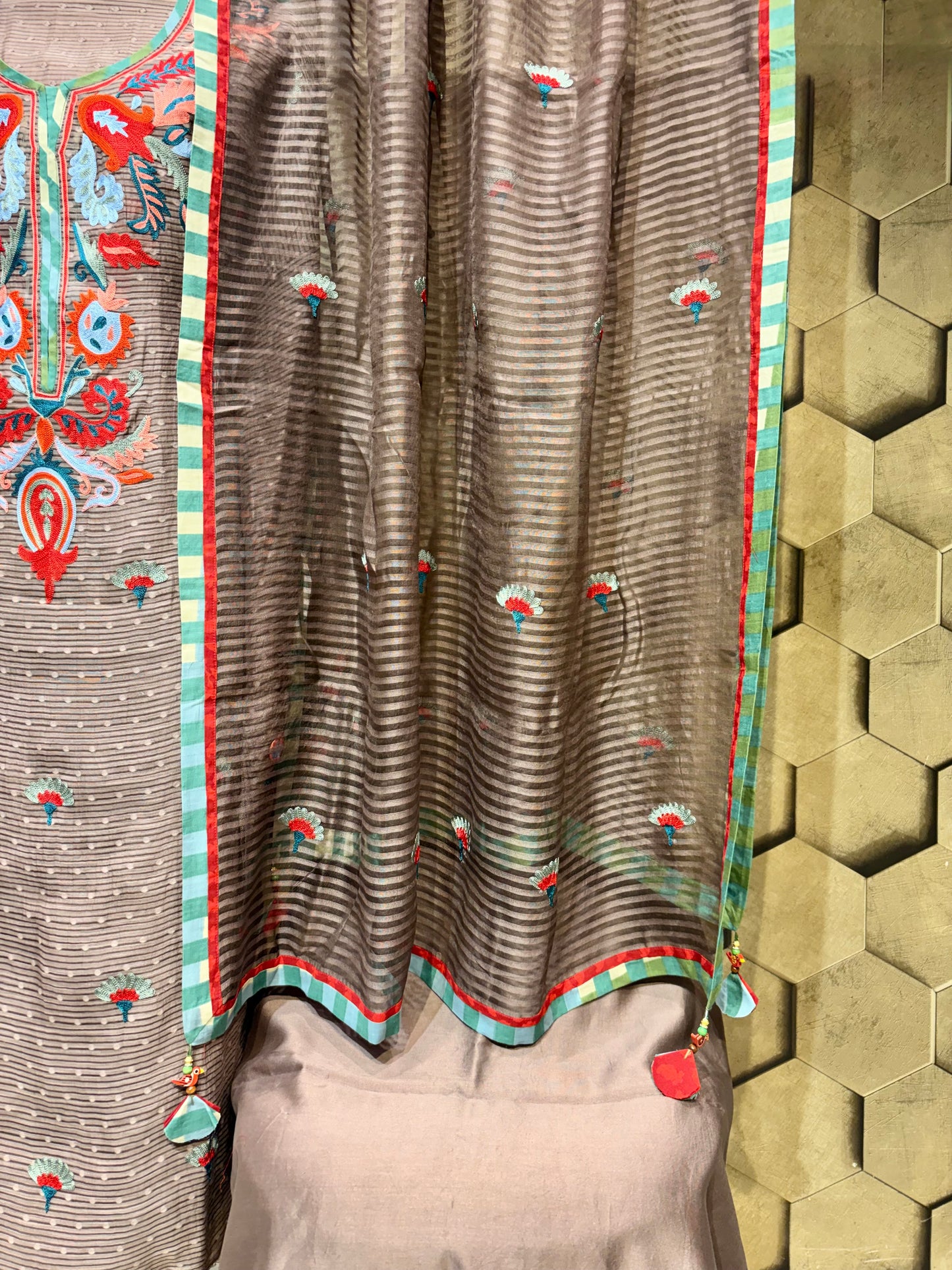 A graceful Mouse shade outfit in Mul Chanderi