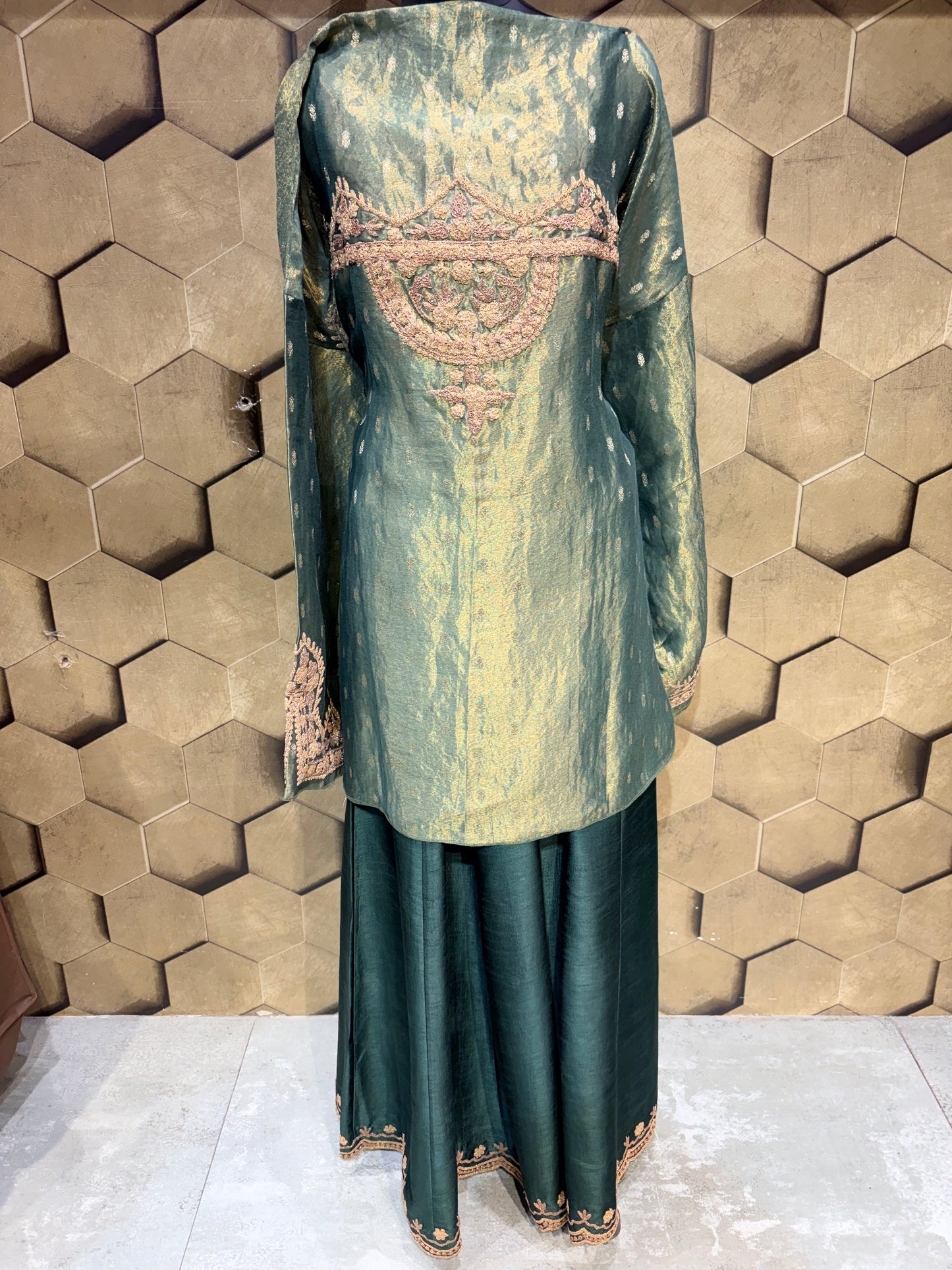 Festive elegance and timeless luxury in Emerald Green Tissue Sharara set