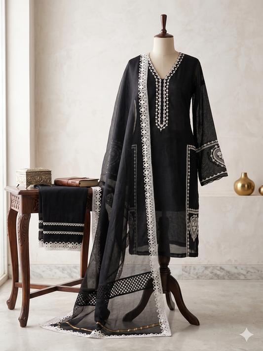 Evergreen black striped mul chanderi outfit