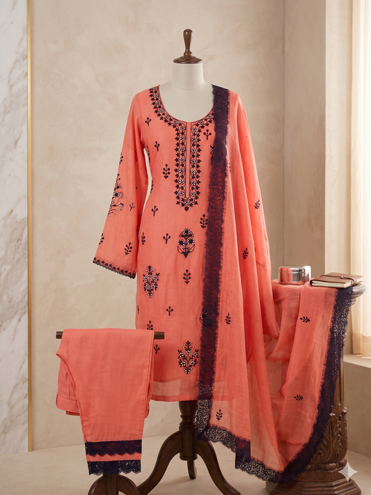 Peach orange mul Chanderi outfit