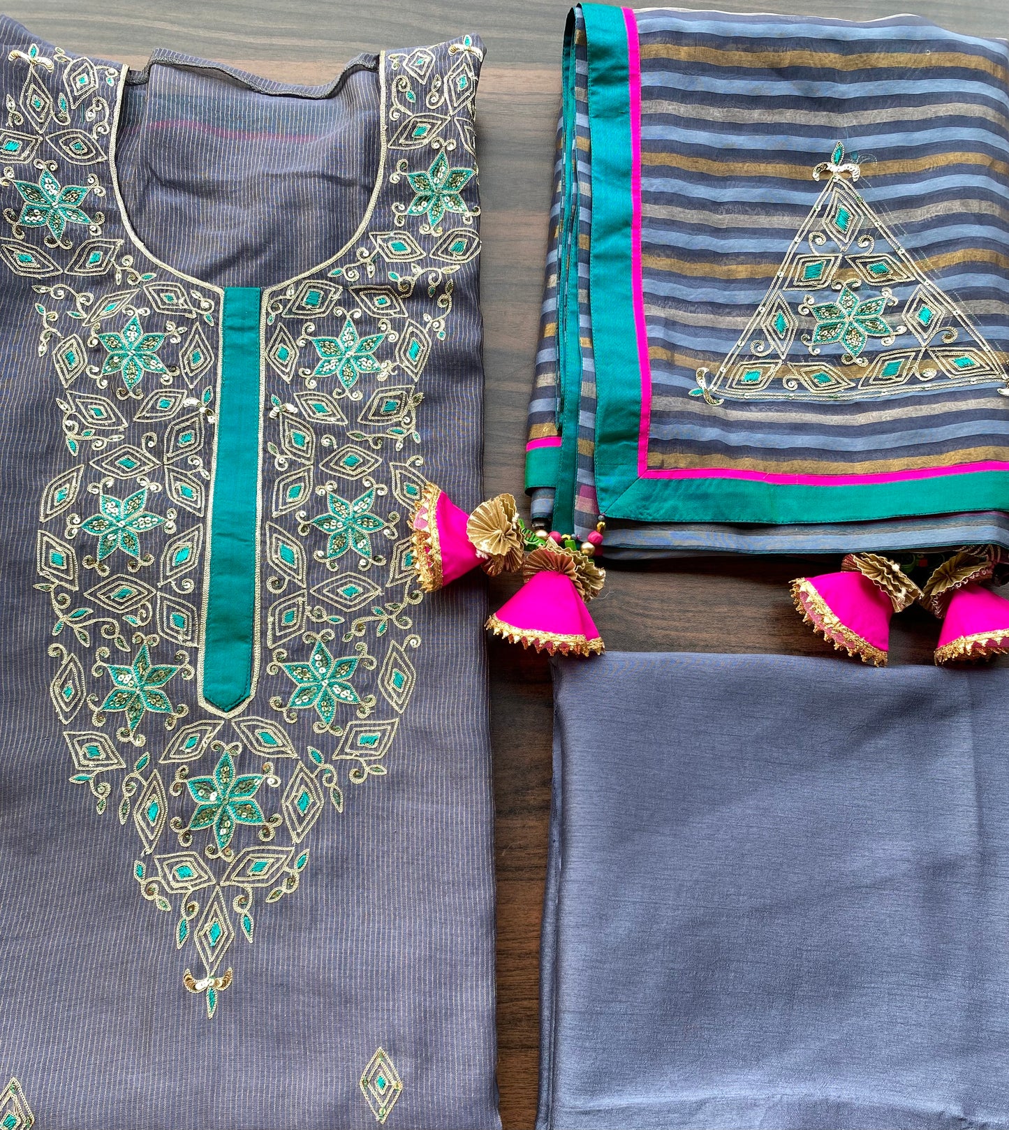 Grey and gold chanderi outfit