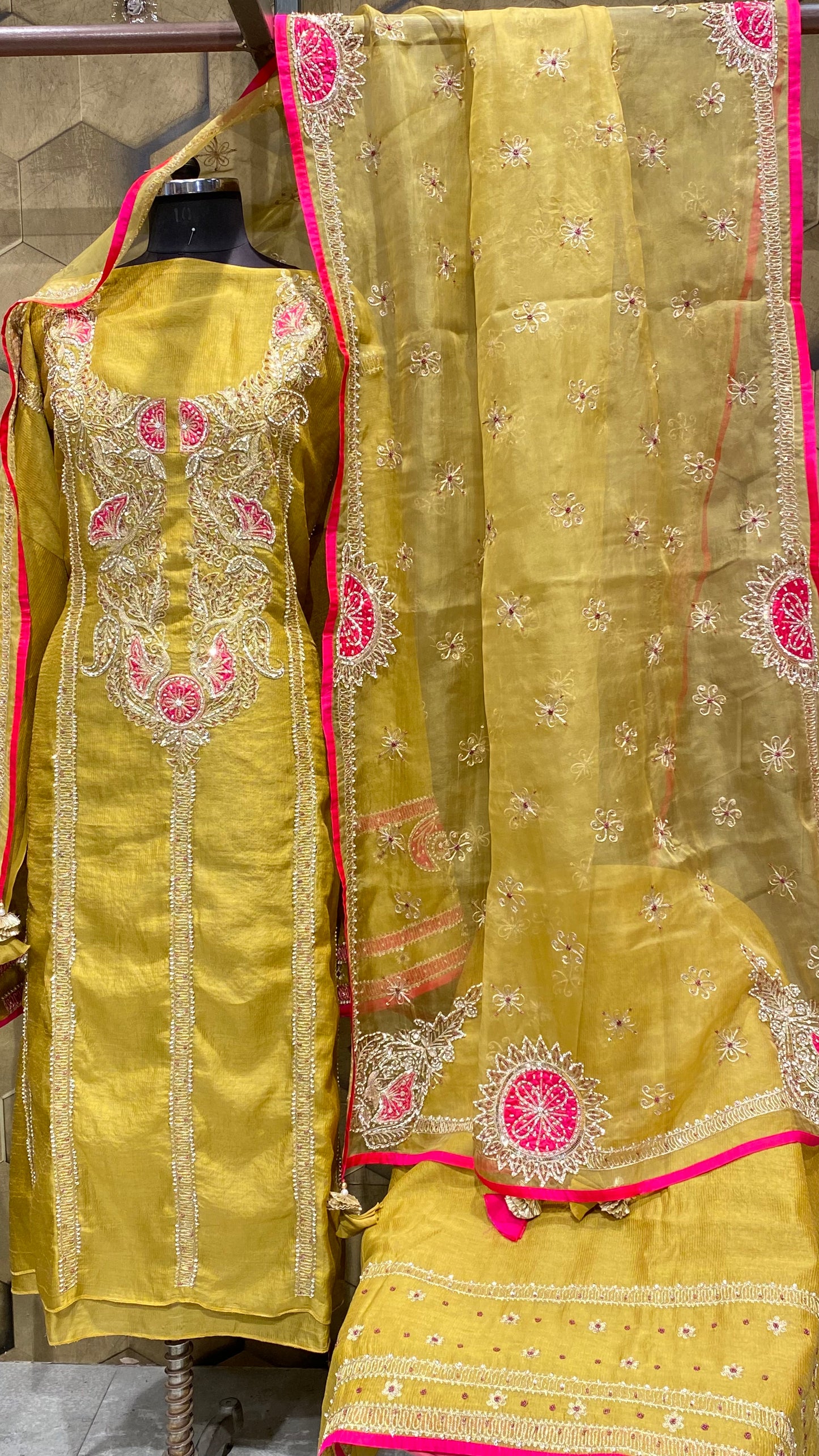 Semi stitched mustard chanderi set