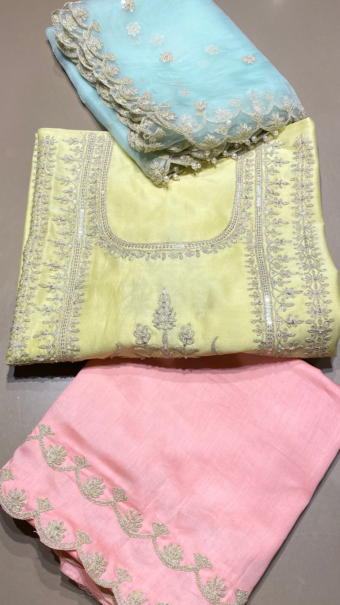 Lemon yellow chanderi shirt with contrast dupatta