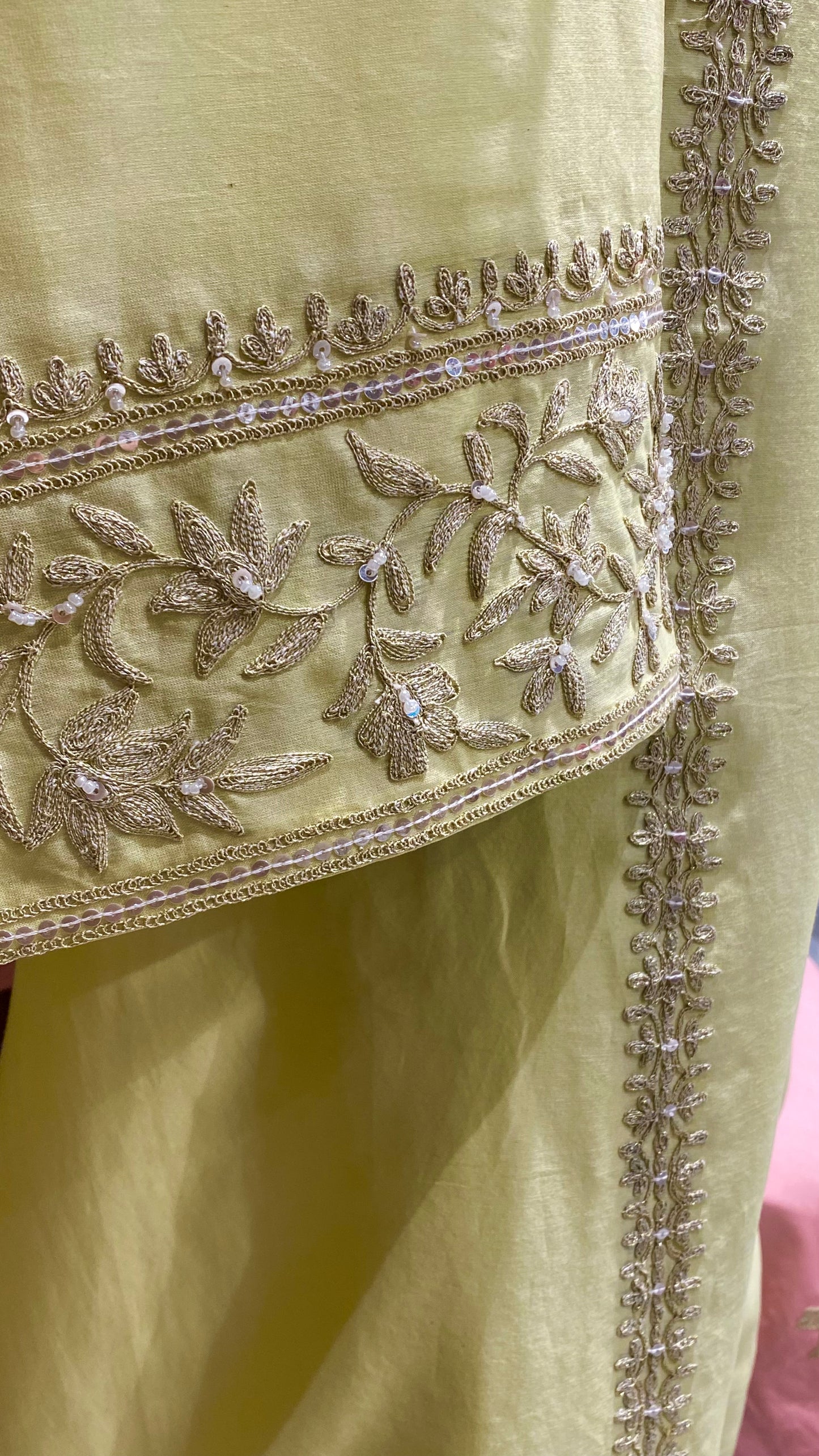 Lemon yellow chanderi shirt with contrast dupatta