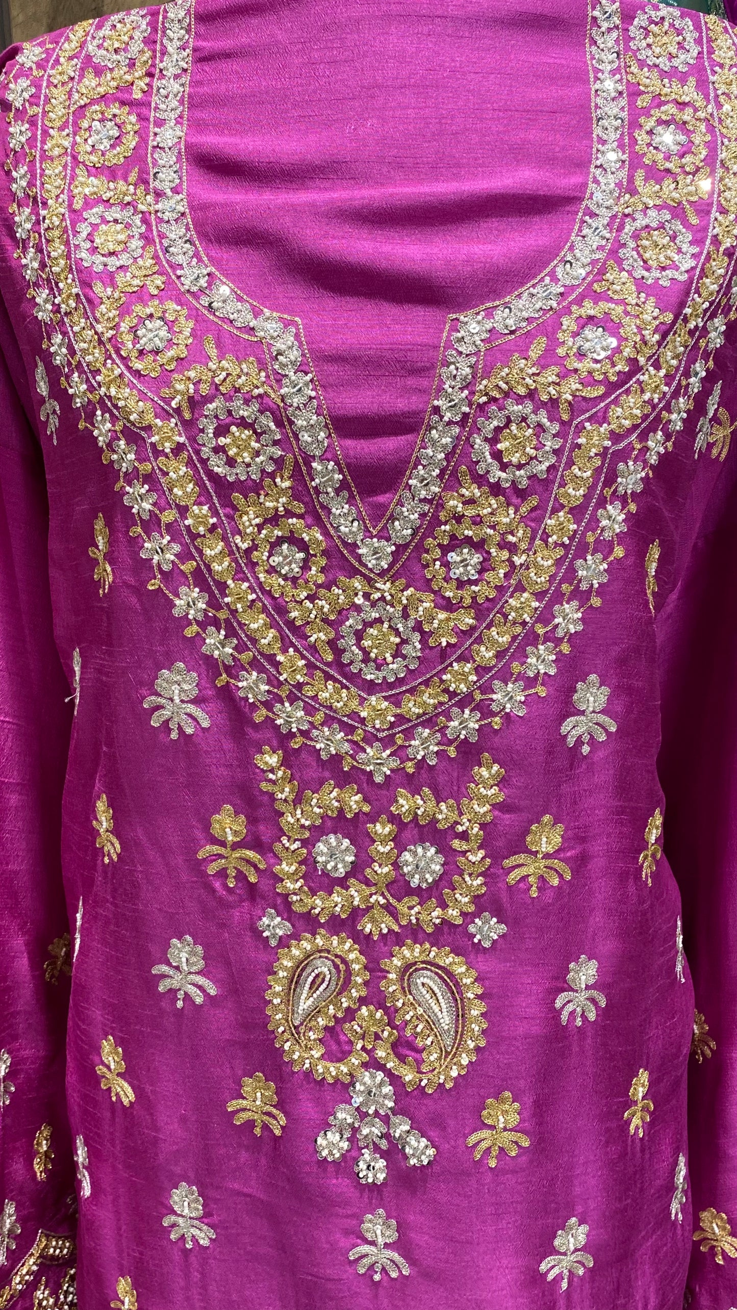 Vegan silk shirt and bottom with silver gold zari embroidery